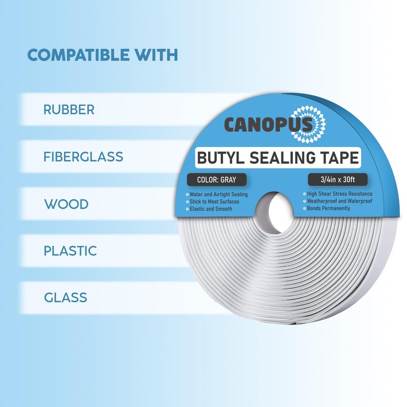 CANOPUS Butyl Seal Tape, Gray, 1/8-in x 3/4-in x 30-ft, Heavy Duty, Waterproof Sealant Putty Tape, Rubber Tape to Seal RV, Boat, Home Pipes and Car Windows Leaks - Image 3